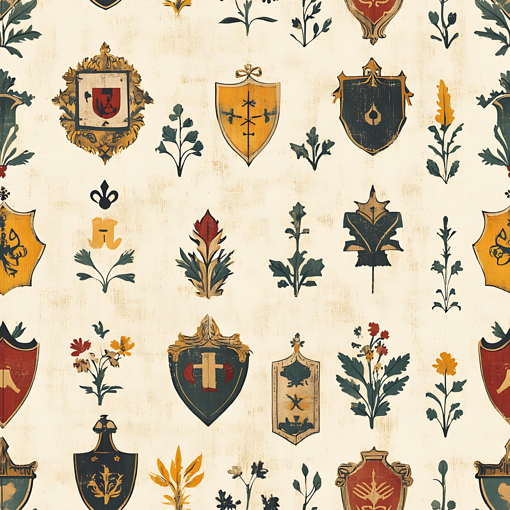 heraldic shields, coat of arms, medieval banners, fleur-de-lis, botanical motifs, leaf patterns, cross symbols, rustic texture, cream background, golden yellow, deep red, forest green, navy blue, ornate frames, vintage style,, fabric panel, european inspired, decorative crests, weathered appearance