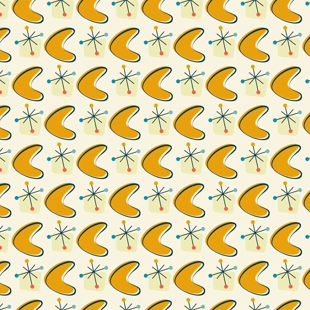 orange, mustard yellow, teal blue, coral pink, cream background, boomerang shapes, atomic starbursts, mid-century modern, retro pattern, geometric design, 1950s style, atomic age,, fabric panel, starburst motifs, kidney shapes, repeating pattern, vintage inspired, modernist design