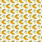 orange, mustard yellow, teal blue, coral pink, cream background, boomerang shapes, atomic starbursts, mid-century modern, retro pattern, geometric design, 1950s style, atomic age,, fabric panel, starburst motifs, kidney shapes, repeating pattern, vintage inspired, modernist design
