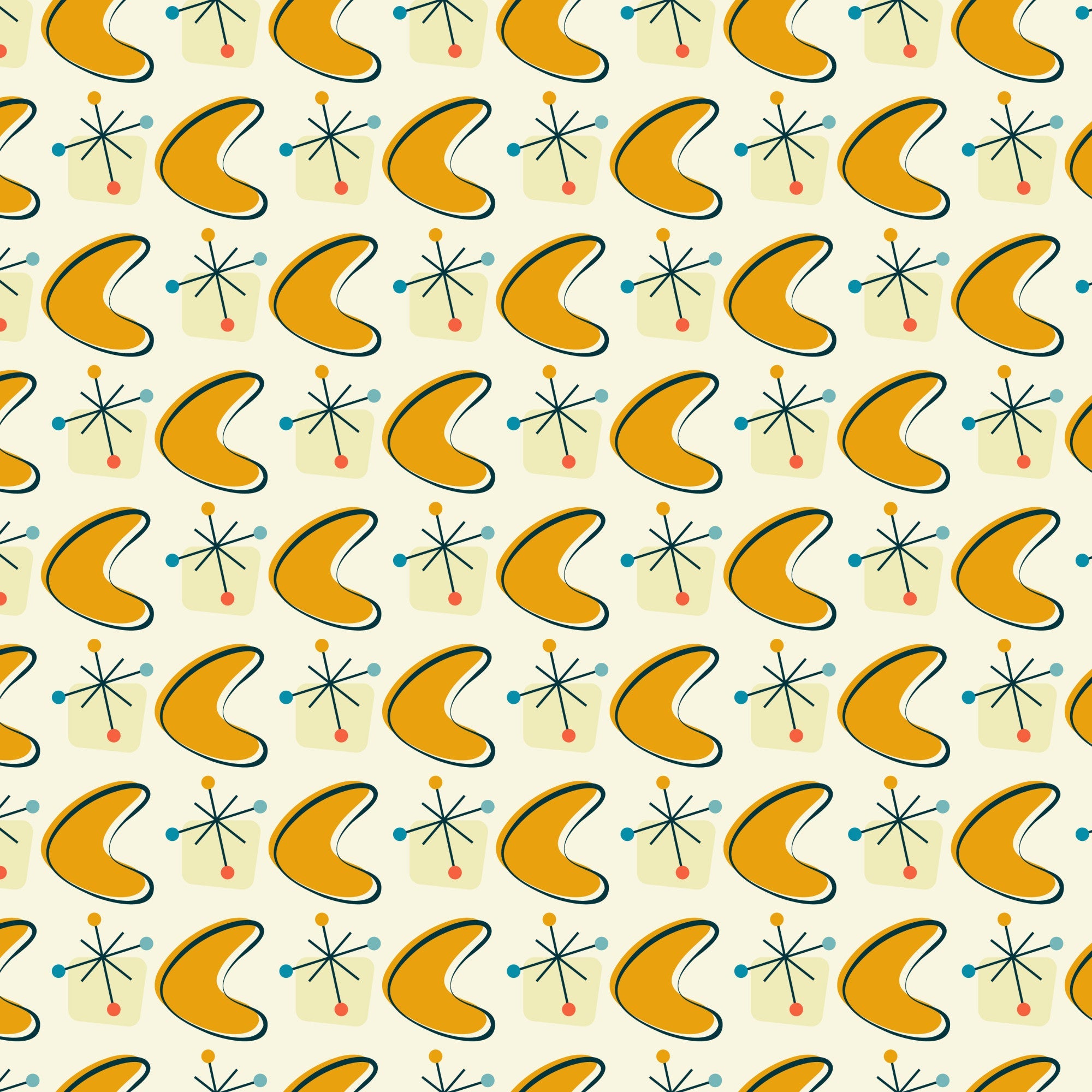 orange, mustard yellow, teal blue, coral pink, cream background, boomerang shapes, atomic starbursts, mid-century modern, retro pattern, geometric design, 1950s style, atomic age,, fabric panel, starburst motifs, kidney shapes, repeating pattern, vintage inspired, modernist design