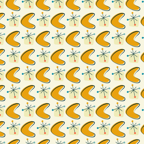 orange, mustard yellow, teal blue, coral pink, cream background, boomerang shapes, atomic starbursts, mid-century modern, retro pattern, geometric design, 1950s style, atomic age, quilting cotton, fabric panel, starburst motifs, kidney shapes, repeating pattern, vintage inspired, modernist design