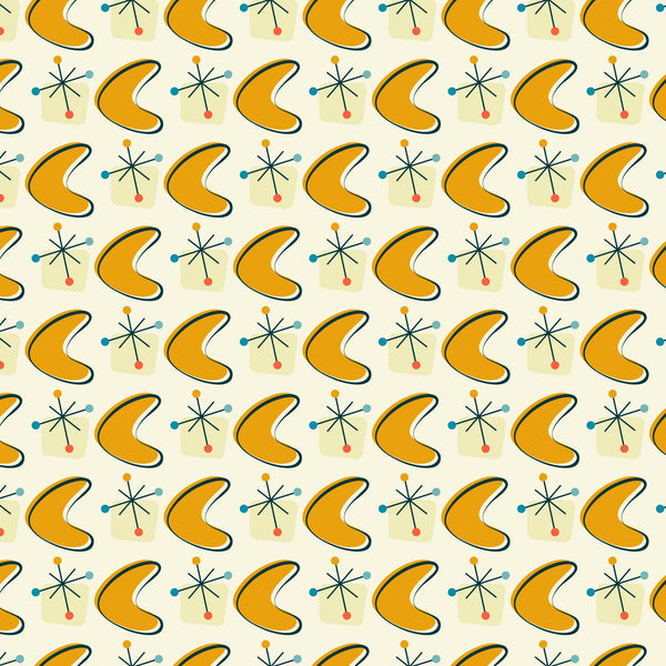 orange, mustard yellow, teal blue, coral pink, cream background, boomerang shapes, atomic starbursts, mid-century modern, retro pattern, geometric design, 1950s style, atomic age, quilting cotton, fabric panel, starburst motifs, kidney shapes, repeating pattern, vintage inspired, modernist design