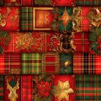 red, green, gold, christmas,, fabric panel, tartan plaid, ornate florals, poinsettia, decorative swirls, holiday motifs, geometric squares, baroque ornaments, festive colors, winter florals, metallic accents, patchwork design, seasonal fabric, ornamental patterns, rich textures