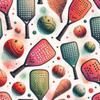 watercolor style, pickleball paddles, sports balls, coral pink, sage green, orange, teal,, fabric panel, athletic theme, paddle sports, geometric holes, wooden handles, soft pastels, scattered pattern, recreational sports, contemporary art, sporting goods, vibrant colors, playful design