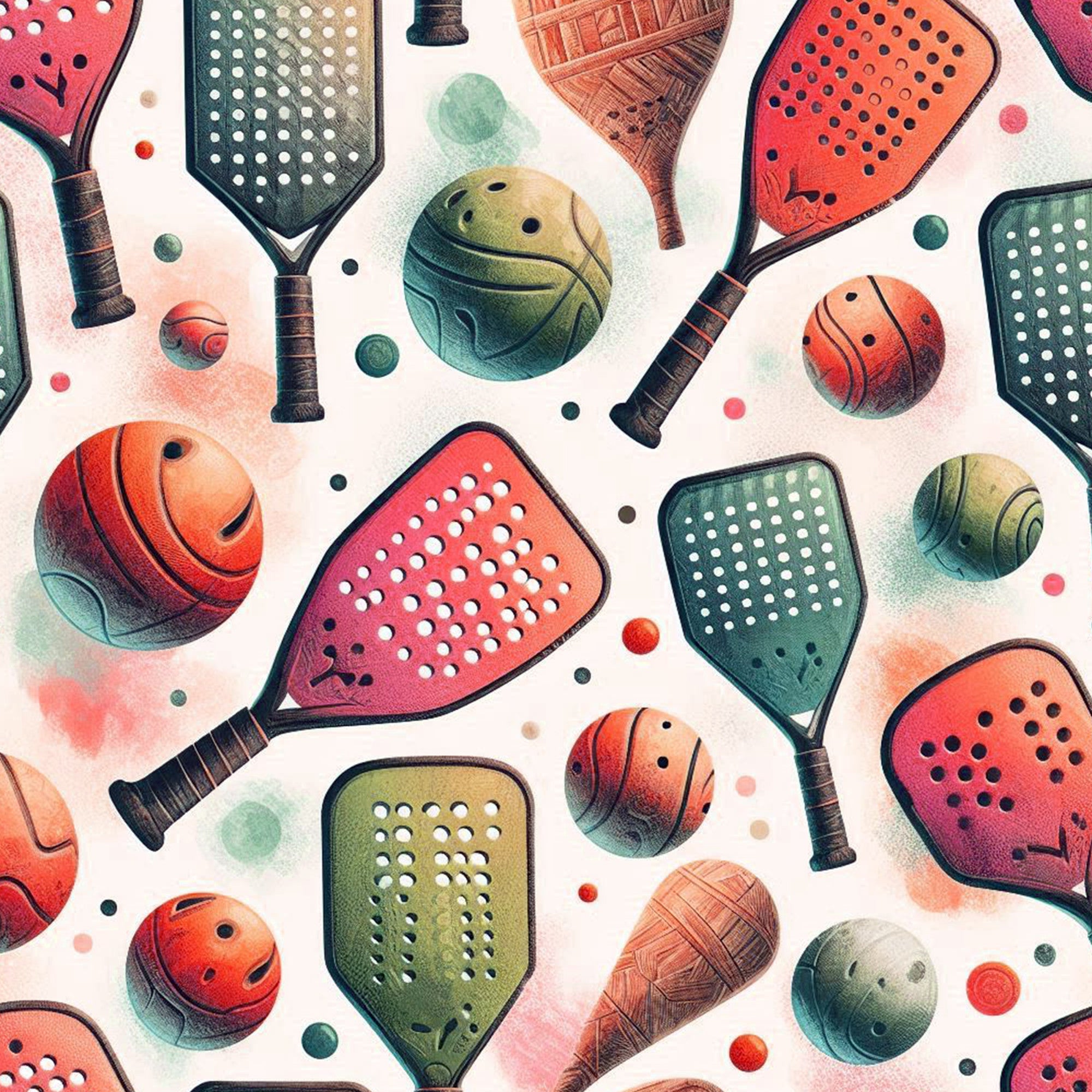 watercolor style, pickleball paddles, sports balls, coral pink, sage green, orange, teal,, fabric panel, athletic theme, paddle sports, geometric holes, wooden handles, soft pastels, scattered pattern, recreational sports, contemporary art, sporting goods, vibrant colors, playful design