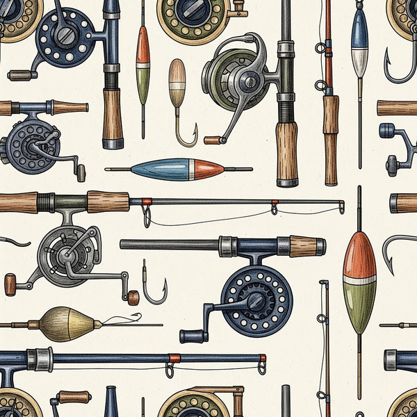 fishing, vintage, nautical, fishing rods, fishing reels, tackle, hooks, lures, bobbers, ammunition, sportsman, outdoor, woodland, rustic, traditional, brown, cream, navy blue, forest green, tan, beige, dark blue, copper, steampunk, masculine, adventure, hobby, recreation, man cave, lodge themed