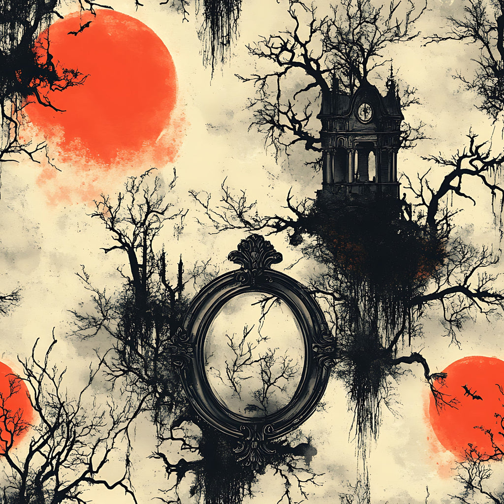orange sun, red moon, bare trees, gothic tower, ornate mirror, vintage frame, spooky atmosphere, dark silhouettes, cream background, halloween theme, gothic architecture, leafless branches, eerie mood,, fabric panel, autumn colors, haunted manor, mysterious scene, dramatic sky, horror aesthetic
