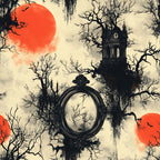 orange sun, red moon, bare trees, gothic tower, ornate mirror, vintage frame, spooky atmosphere, dark silhouettes, cream background, halloween theme, gothic architecture, leafless branches, eerie mood,, fabric panel, autumn colors, haunted manor, mysterious scene, dramatic sky, horror aesthetic