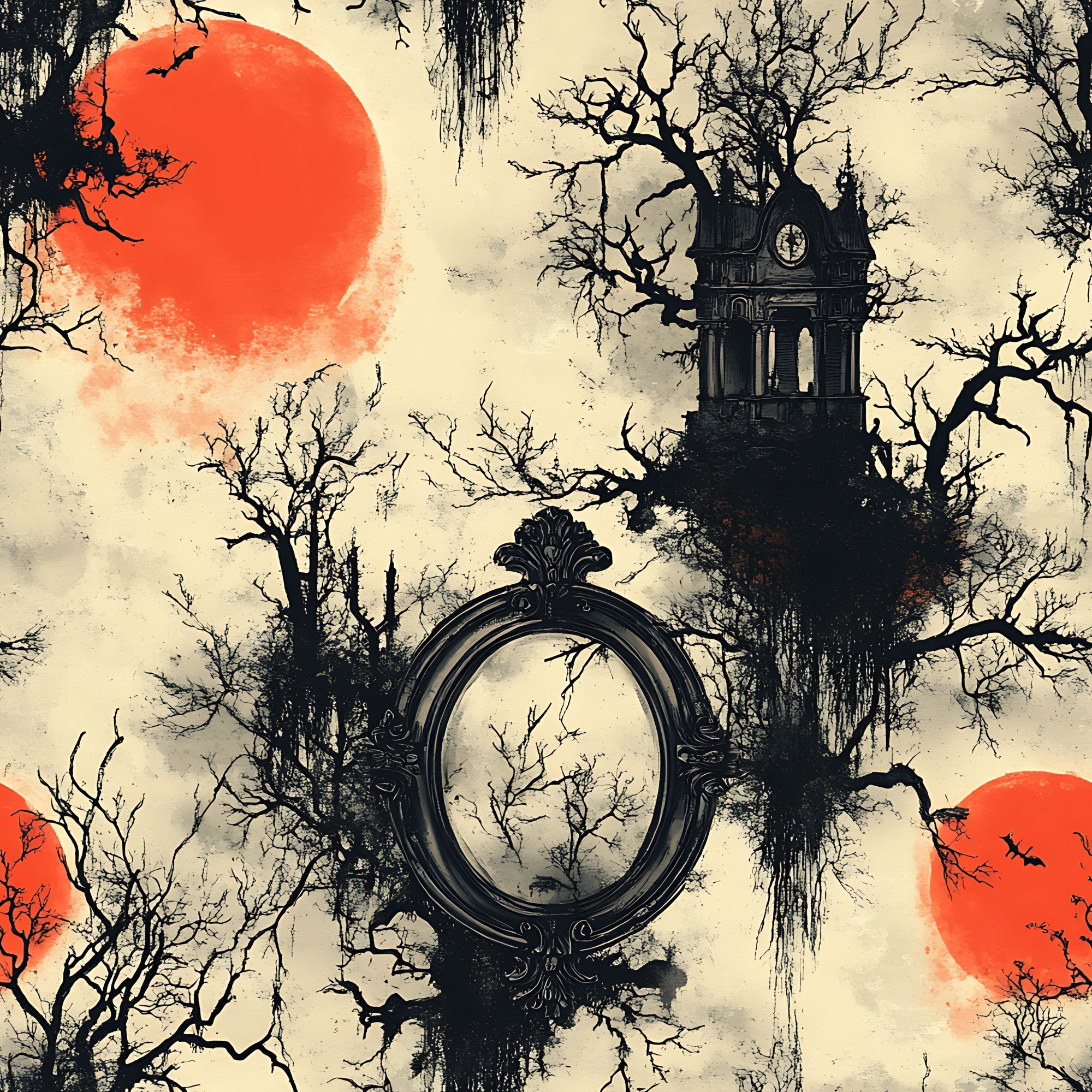 orange sun, red moon, bare trees, gothic tower, ornate mirror, vintage frame, spooky atmosphere, dark silhouettes, cream background, halloween theme, gothic architecture, leafless branches, eerie mood,, fabric panel, autumn colors, haunted manor, mysterious scene, dramatic sky, horror aesthetic