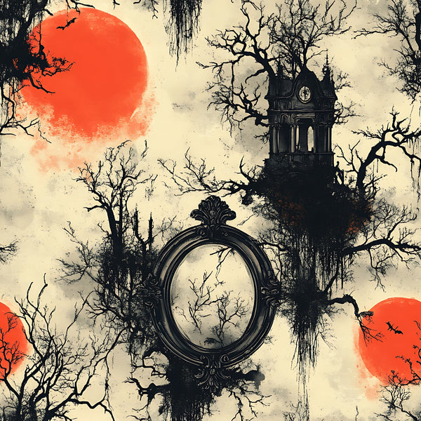 orange sun, red moon, bare trees, gothic tower, ornate mirror, vintage frame, spooky atmosphere, dark silhouettes, cream background, halloween theme, gothic architecture, leafless branches, eerie mood,, fabric panel, autumn colors, haunted manor, mysterious scene, dramatic sky, horror aesthetic