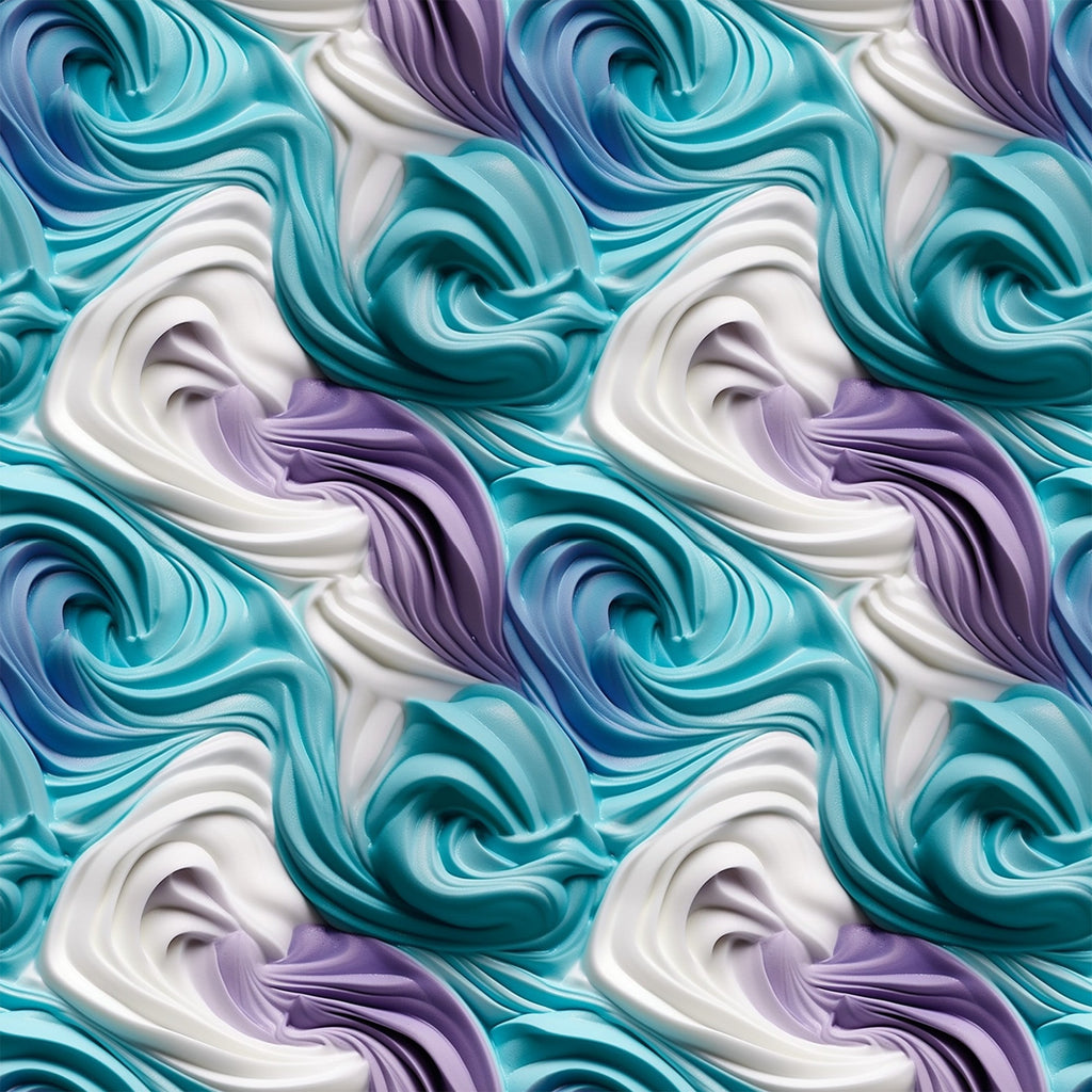 turquoise, teal, purple, lavender, white, cream, swirled frosting, buttercream swirls, dessert pattern, bakery theme, sweet treats, marbled effect, flowing curves, glossy finish,, fabric panel, confectionery design, pastel colors, food motif, creamy texture