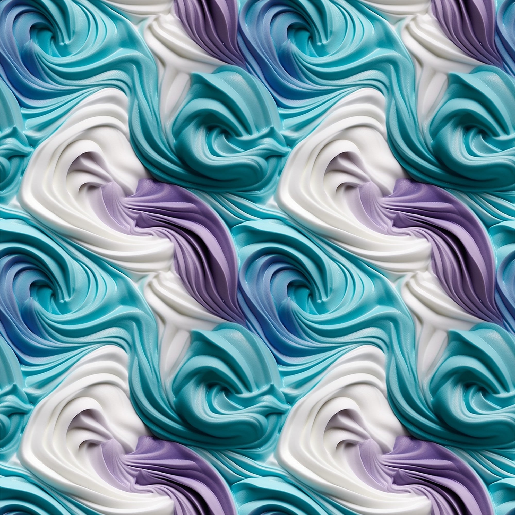 turquoise, teal, purple, lavender, white, cream, swirled frosting, buttercream swirls, dessert pattern, bakery theme, sweet treats, marbled effect, flowing curves, glossy finish,, fabric panel, confectionery design, pastel colors, food motif, creamy texture
