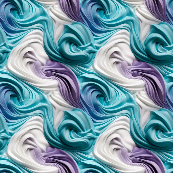 turquoise, teal, purple, lavender, white, cream, swirled frosting, buttercream swirls, dessert pattern, bakery theme, sweet treats, marbled effect, flowing curves, glossy finish,, fabric panel, confectionery design, pastel colors, food motif, creamy texture