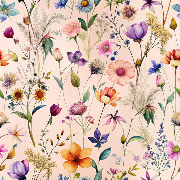 botanical pattern, wildflowers, watercolor style, pink background, purple flowers, coral blooms, yellow daisies, blue blossoms, delicate stems, nature motif,, fabric panel, whimsical florals, meadow flowers, soft pastels, scattered blooms, organic arrangement, spring flowers, artistic illustration, cotton fabric