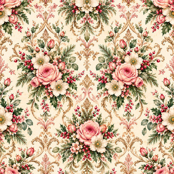 cream floral, dusty rose, coral pink, sage green, gold damask, vintage roses, romantic floral, victorian, botanical, spring flowers, garden florals, traditional, elegant, classic, ornamental scrollwork, pink roses, white daisies, red berries, evergreen accents, nature-inspired, cottage core, shabby chic, timeless pattern, heirloom style, feminine, delicate florals, layered bouquets, ornate details