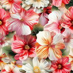 coral flowers, pink blooms, white petals, orange accents, green leaves, hibiscus pattern, tropical flowers, realistic floral, seamless design,, fabric panel, botanical print, layered petals, flower centers, nature motif, vibrant colors, detailed artwork, summer blooms, overlapping flowers, lush foliage