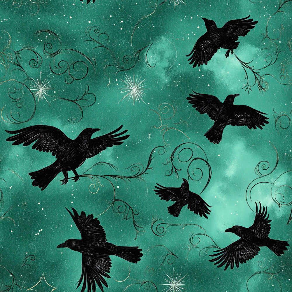 teal, turquoise, emerald green, black, celestial, mystical, magical, whimsical, elegant, gothic, birds, crows, ravens, flying birds, nature, starry, stars, sparkles, ornamental vines, swirling branches, fantasy, dark academia, enchanted, moon phase, nocturnal, ethereal, nursery, baby blanket, plush throw, blanket panel