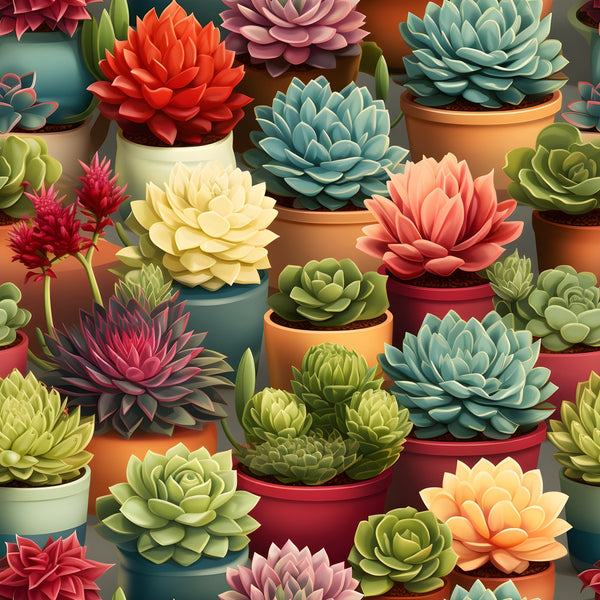 succulents, potted plants,, fabric panel, botanical pattern, terracotta pots, colorful planters, coral pink, sage green, teal blue, cream yellow, burgundy red, orange peach, rosette shapes, garden theme, desert plants, clustered arrangement, realistic illustration, nature motif, crafting fabric