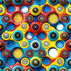 fidget spinners, colorful circles, red, blue, yellow, orange, white, black, gray, geometric pattern, toy design, spinning toys, modern pattern, bright colors, playful design,, fabric panel, contemporary style, circular motifs, vibrant hues