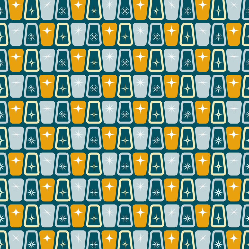 atomic starbursts, mid-century modern, retro pattern, orange, teal, gray, geometric shapes, starburst motifs,, repeating pattern, vintage style, 1950s inspired, angular design, modernist, fabric panel, crafting material, nostalgic, space age, atomic era, symmetrical design