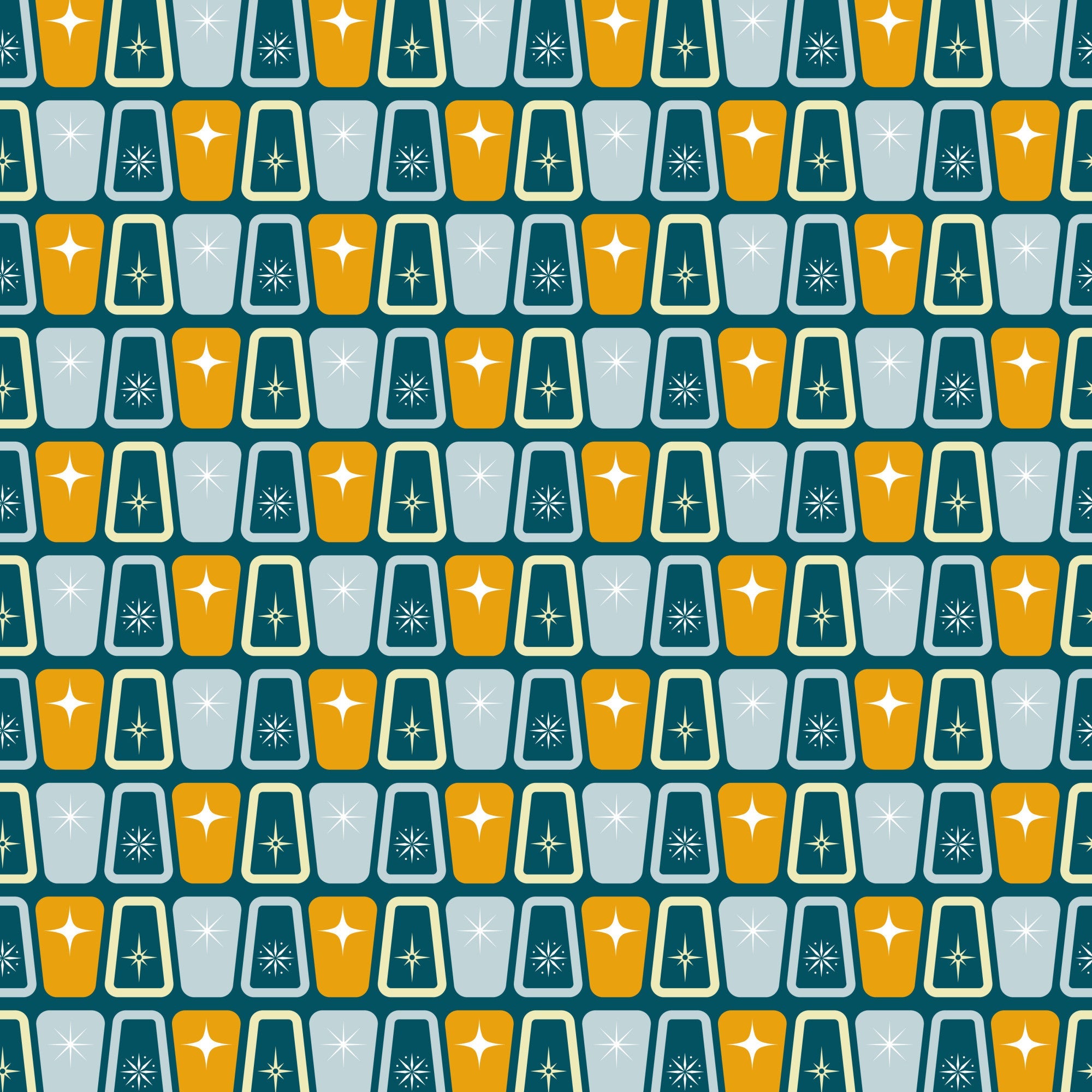 atomic starbursts, mid-century modern, retro pattern, orange, teal, gray, geometric shapes, starburst motifs,, repeating pattern, vintage style, 1950s inspired, angular design, modernist, fabric panel, crafting material, nostalgic, space age, atomic era, symmetrical design