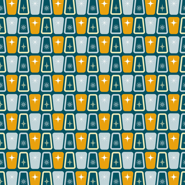 atomic starbursts, mid-century modern, retro pattern, orange, teal, gray, geometric shapes, starburst motifs,, repeating pattern, vintage style, 1950s inspired, angular design, modernist, fabric panel, crafting material, nostalgic, space age, atomic era, symmetrical design