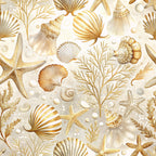 cream, beige, golden yellow, peach, seashells, starfish, coral, ocean treasures, marine life, nautical, underwater, sea creatures, scallop shells, conch shells, sea plants, watercolor style, dreamy, soft pastels,, fabric panel, coastal theme, beach motifs, scattered pattern, delicate illustration