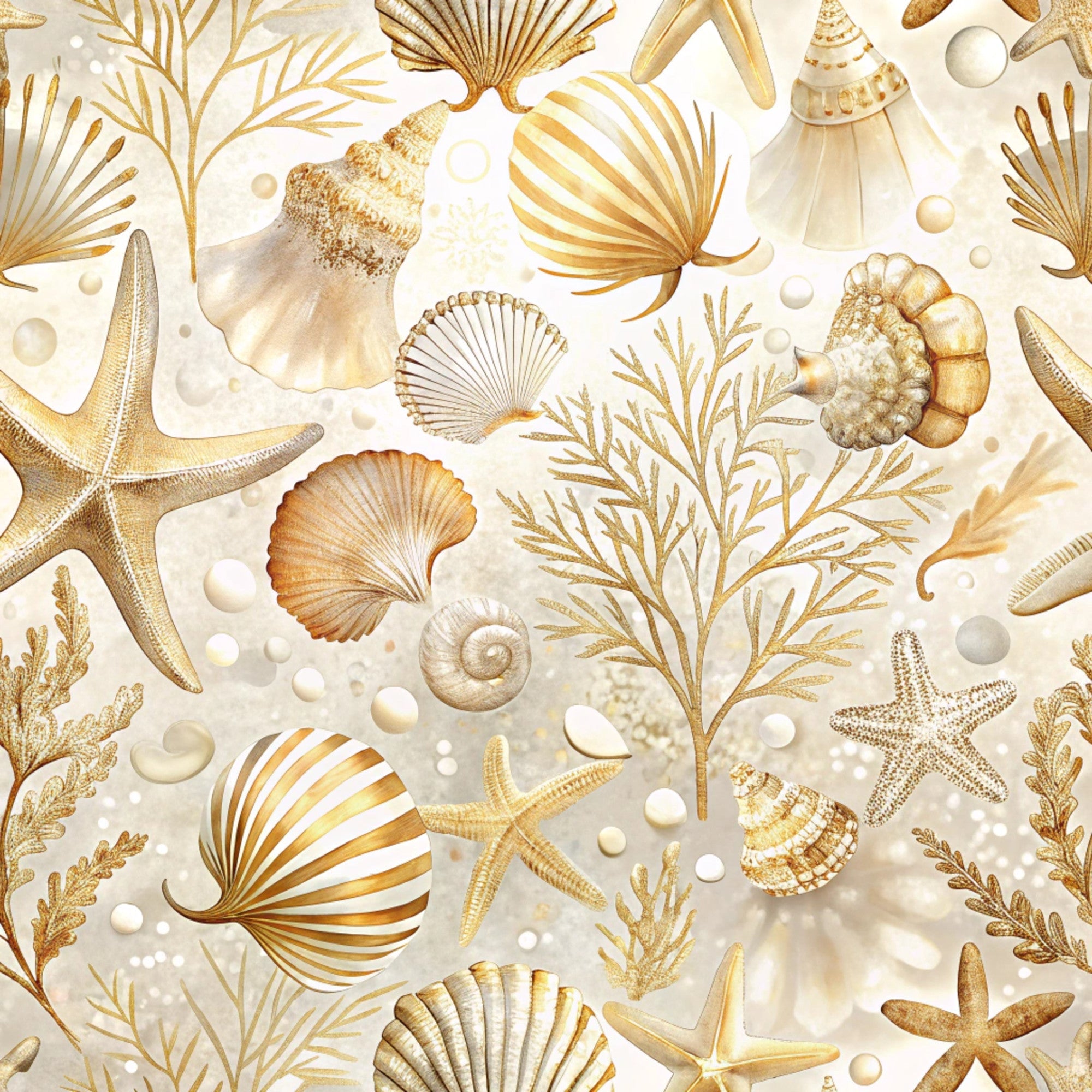 cream, beige, golden yellow, peach, seashells, starfish, coral, ocean treasures, marine life, nautical, underwater, sea creatures, scallop shells, conch shells, sea plants, watercolor style, dreamy, soft pastels,, fabric panel, coastal theme, beach motifs, scattered pattern, delicate illustration
