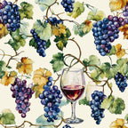 wine glass, grapes, vineyard, watercolor style, purple grapes, blue grapes, green leaves, autumn leaves, yellow leaves, grapevines, wine theme, botanical pattern, fruit motif,, fabric panel, cream background, red wine, harvest theme, nature design, artistic illustration