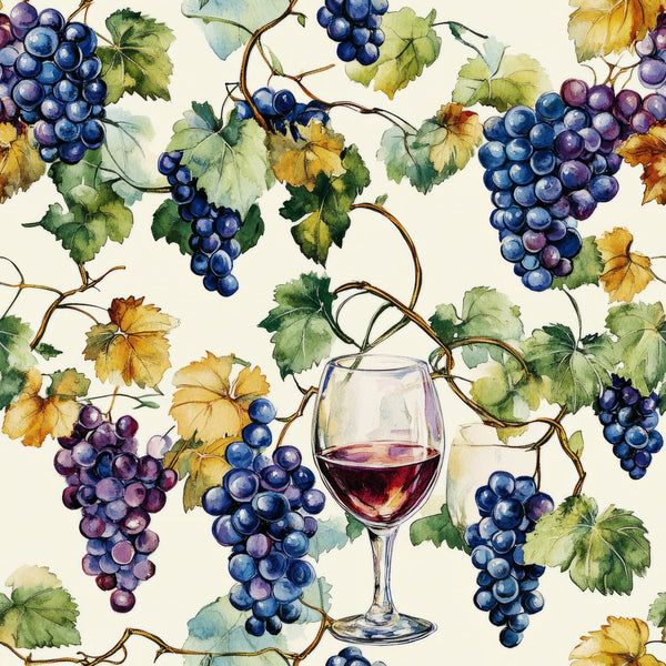 wine glass, grapes, vineyard, watercolor style, purple grapes, blue grapes, green leaves, autumn leaves, yellow leaves, grapevines, wine theme, botanical pattern, fruit motif,, fabric panel, cream background, red wine, harvest theme, nature design, artistic illustration