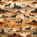 wild horses, galloping horses, desert landscape, southwestern scene, earthy tones, rust orange, sandy beige, deep browns, black horses, chestnut horses, rocky terrain, desert plants, cacti, mesa formations, watercolor style, western theme,, fabric panel, horse pattern, dusty atmosphere
