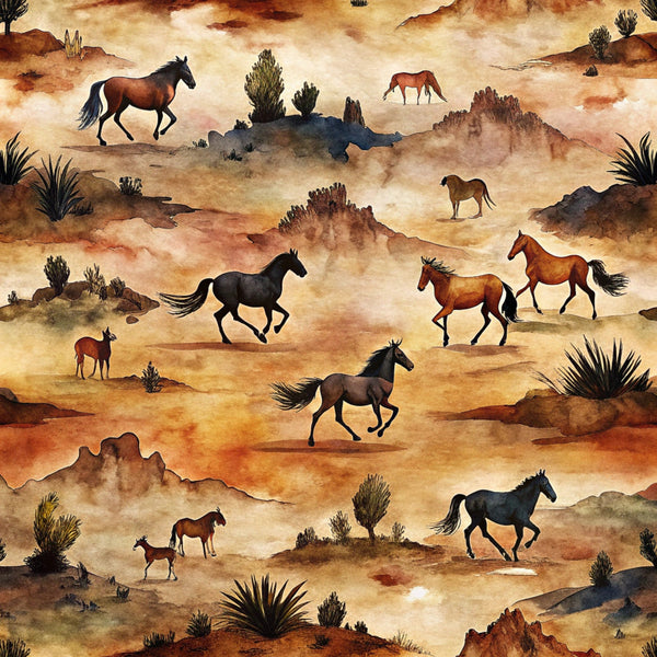wild horses, galloping horses, desert landscape, southwestern scene, earthy tones, rust orange, sandy beige, deep browns, black horses, chestnut horses, rocky terrain, desert plants, cacti, mesa formations, watercolor style, western theme,, fabric panel, horse pattern, dusty atmosphere