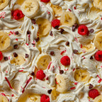 whipped cream, banana slices, raspberries, chocolate chips, candy sprinkles, white background, food pattern, dessert motif, creamy texture, yellow bananas, red berries, brown chocolate, sweet treats,, fabric panel, indulgent design, colorful toppings, swirled cream, junk food theme, playful pattern