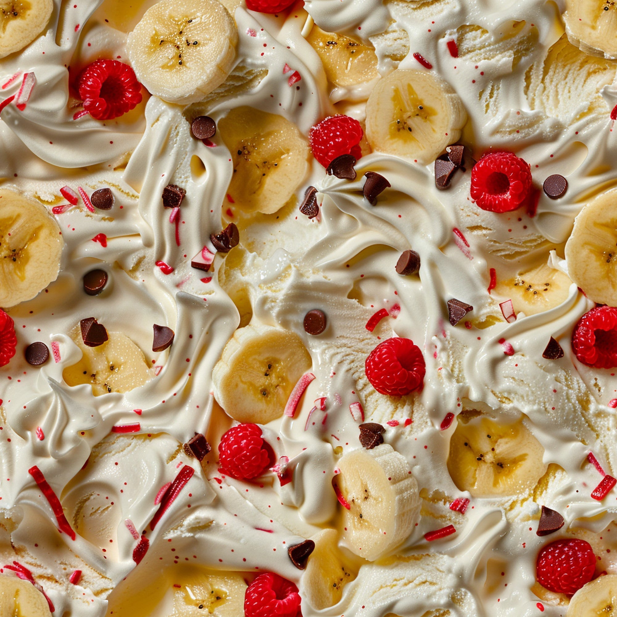 whipped cream, banana slices, raspberries, chocolate chips, candy sprinkles, white background, food pattern, dessert motif, creamy texture, yellow bananas, red berries, brown chocolate, sweet treats,, fabric panel, indulgent design, colorful toppings, swirled cream, junk food theme, playful pattern