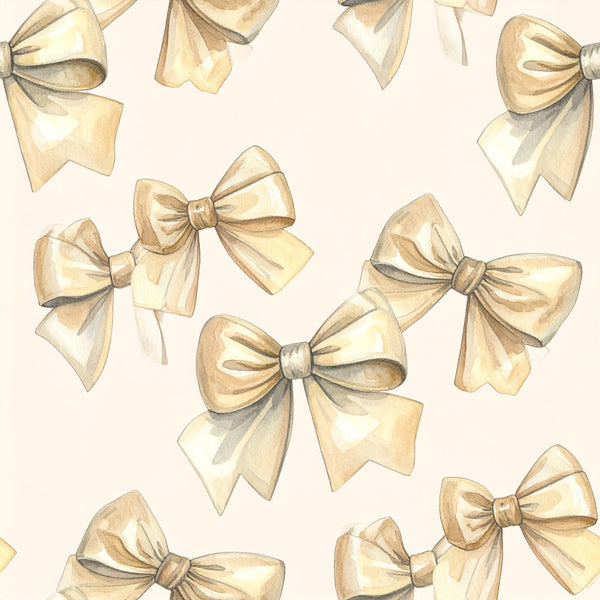 cream bows, tan bows, beige bows, gold bows, champagne bows, light brown bows, ribbon bows, bow tie pattern, elegant, vintage, classic, feminine, sophisticated, nursery, baby girl, baby shower, romantic, traditional, decorative, neutral palette, warm tones, gift wrap inspired, formal, delicate, watercolor style, gentle, soft aesthetic, timeless design