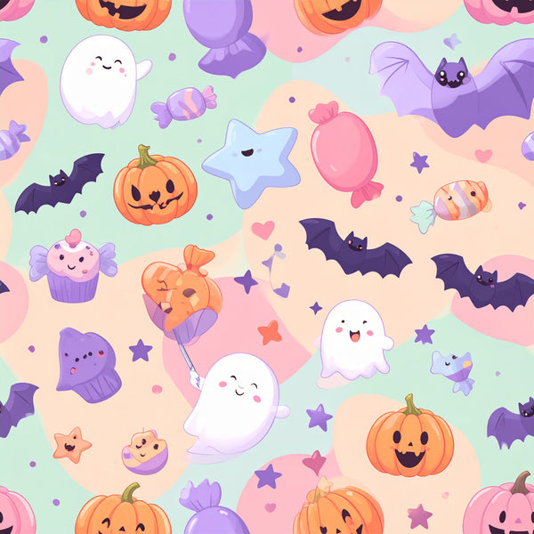 pastel pink, pastel purple, pastel mint green, pastel orange, pastel blue, halloween, cute, whimsical, playful, spooky, ghosts, jack-o-lantern, pumpkins, bats, candy, stars, hearts, cupcakes, celestial, kids, children, nursery, playroom, gender-neutral, festive, fun, autumn, fall, trick-or-treat