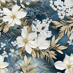 navy blue, cream white, gold accents, teal blue, white flowers, small florals, large florals, floral pattern, botanical, nature, elegant, sophisticated, modern, romantic, feminine, spring, summer, cosmos flowers, berries, foliage, leaves, garden, delicate florals, white and gold, luxury, timeless, classic, decorative