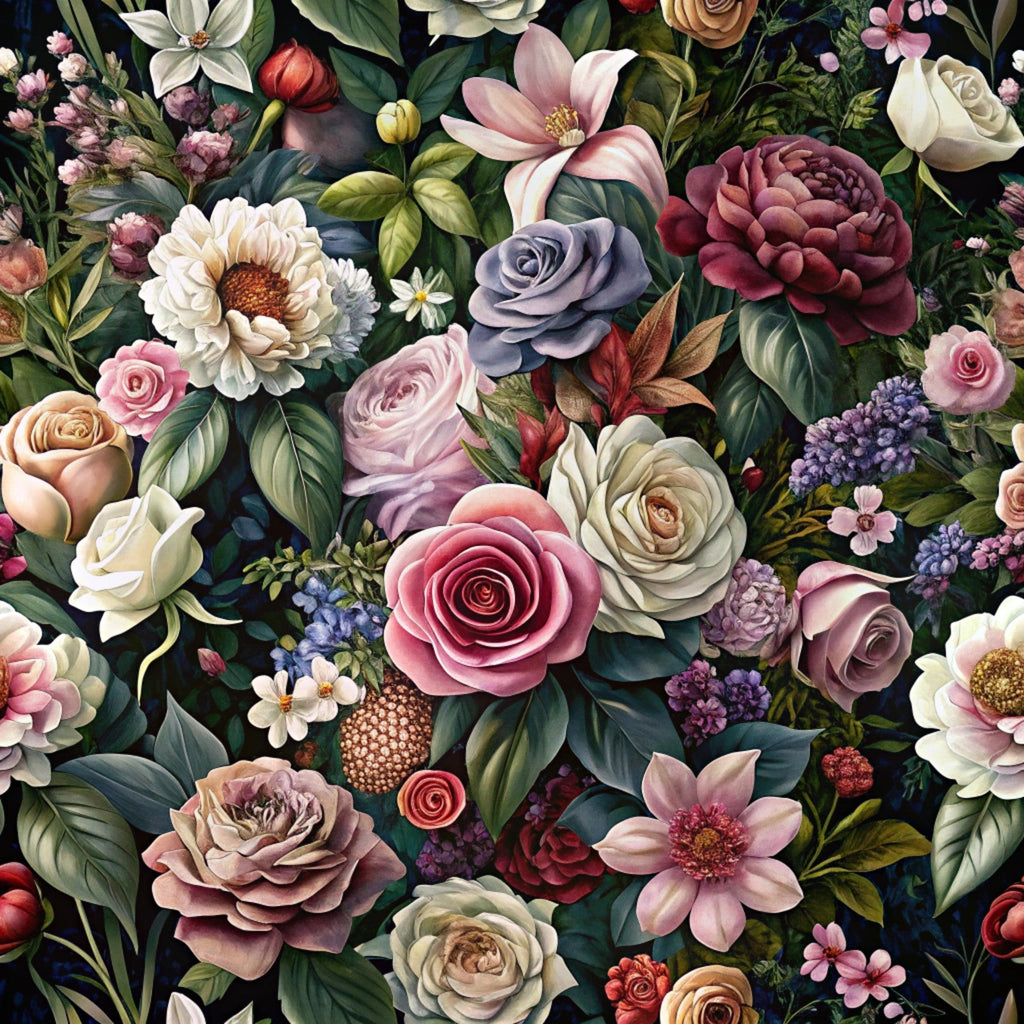 realistic flowers, botanical pattern, roses, peonies, dahlias, magnolia blossoms, dusty rose, mauve, sage green, cream white, burgundy, lavender purple, coral pink, dark navy background, floral arrangement, cottage garden style, vintage botanical,, fabric panel, romantic florals, detailed petals, lush foliage, spring blooms
