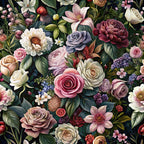 realistic flowers, botanical pattern, roses, peonies, dahlias, magnolia blossoms, dusty rose, mauve, sage green, cream white, burgundy, lavender purple, coral pink, dark navy background, floral arrangement, cottage garden style, vintage botanical,, fabric panel, romantic florals, detailed petals, lush foliage, spring blooms
