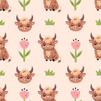 cute baby animals, highland cows, kawaii style, cartoon animals, brown fur, pink flowers, green grass, peach background,, fabric panel, repeating pattern, adorable faces, horned cattle, pastoral theme, children's fabric, soft colors, whimsical design, nursery fabric, animal heads, floral elements