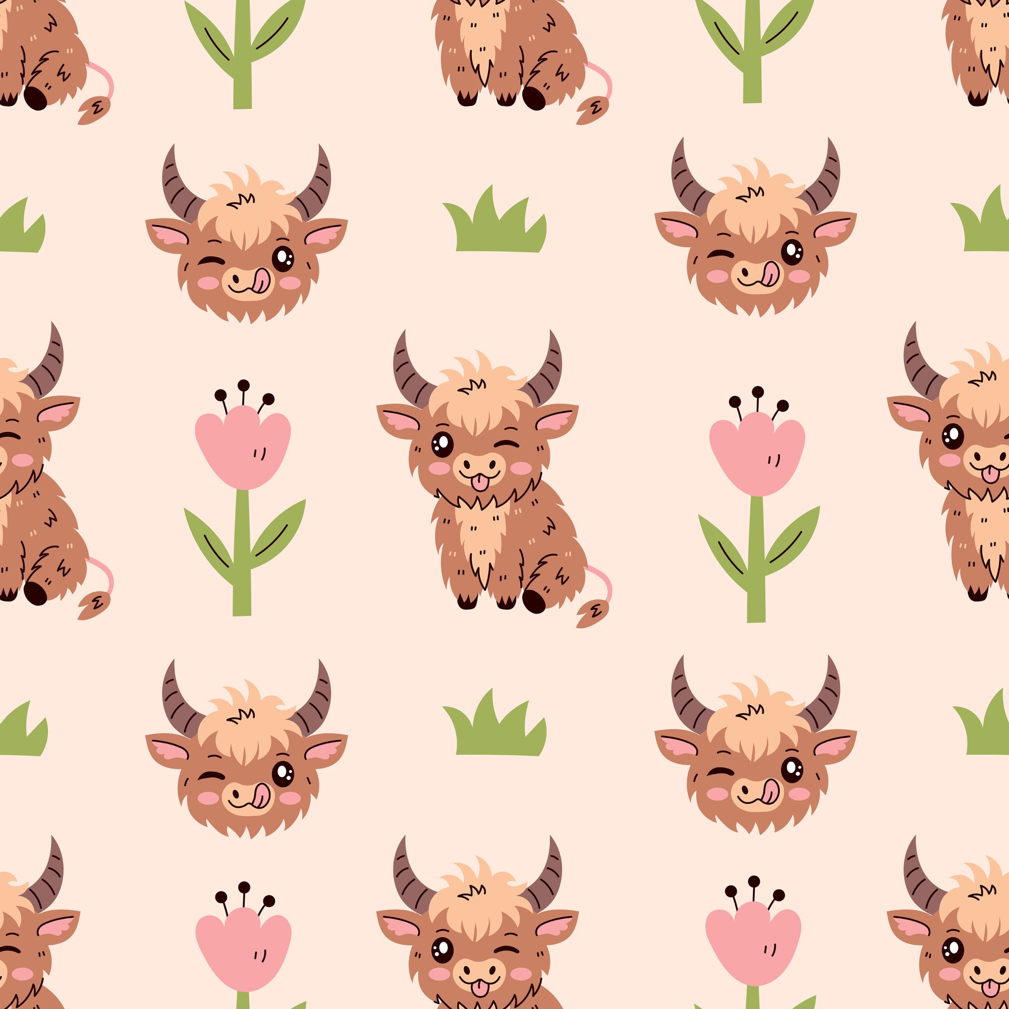 cute baby animals, highland cows, kawaii style, cartoon animals, brown fur, pink flowers, green grass, peach background,, fabric panel, repeating pattern, adorable faces, horned cattle, pastoral theme, children's fabric, soft colors, whimsical design, nursery fabric, animal heads, floral elements