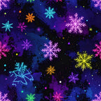 neon snowflakes, purple blue gradient, cyan pink, orange yellow, glowing snowflakes, neon lights, winter holiday, christmas, festive, celestial, magical, whimsical, modern, vibrant, dark background, scattered dots, sparkles, winter wonderland, holiday decor, kids room, playroom, navy blue, magenta, lime green, neon aesthetic, glow effect, winter theme, seasonal, contemporary, night sky