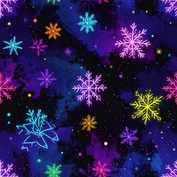 neon snowflakes, purple blue gradient, cyan pink, orange yellow, glowing snowflakes, neon lights, winter holiday, christmas, festive, celestial, magical, whimsical, modern, vibrant, dark background, scattered dots, sparkles, winter wonderland, holiday decor, kids room, playroom, navy blue, magenta, lime green, neon aesthetic, glow effect, winter theme, seasonal, contemporary, night sky