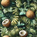 coconut jungle, tropical leaves, brown coconuts, forest green, sage green, golden yellow, palm fronds, monstera leaves, split coconuts, white coconut meat, botanical pattern, tropical foliage,, fabric panel, lush vegetation, exotic plants, natural elements, earthy tones, dense foliage, tropical paradise