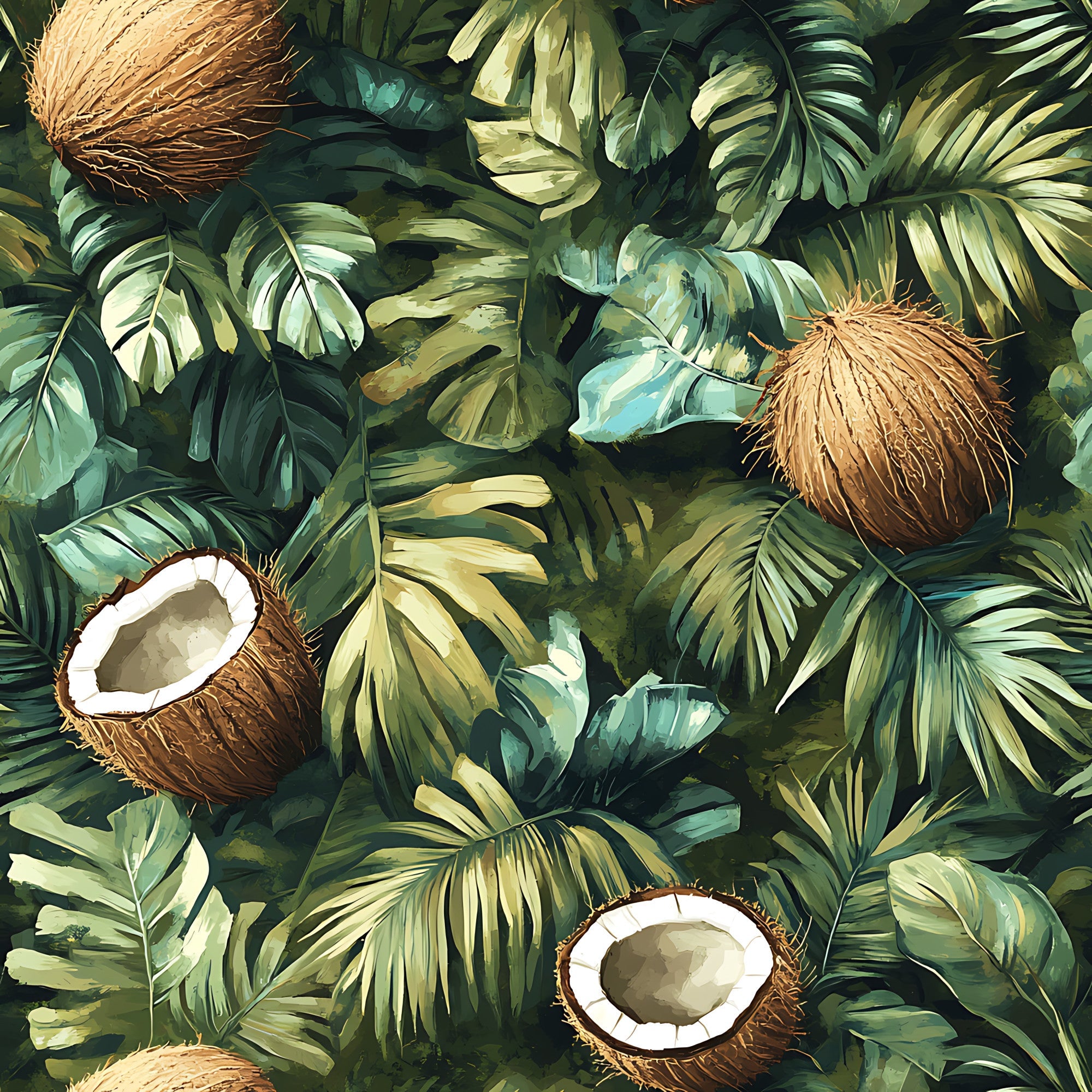 coconut jungle, tropical leaves, brown coconuts, forest green, sage green, golden yellow, palm fronds, monstera leaves, split coconuts, white coconut meat, botanical pattern, tropical foliage,, fabric panel, lush vegetation, exotic plants, natural elements, earthy tones, dense foliage, tropical paradise