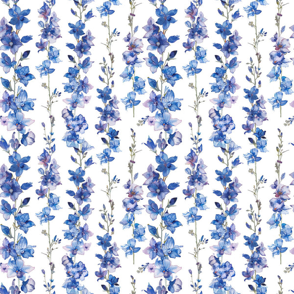 periwinkle blue, royal blue, lavender purple, delphinium, floral pattern, vertical stripe floral, botanical, nature theme, spring flowers, summer blooms, elegant style, romantic, traditional, garden flowers, wildflowers, spikes flowers, cottage core, purple flowers, blue flowers, pastel accents, watercolor effect, ditsy floral, repeating pattern, graceful, vintage botanical, dreamy, feminine, springtime, heirloom quality, sophisticated print