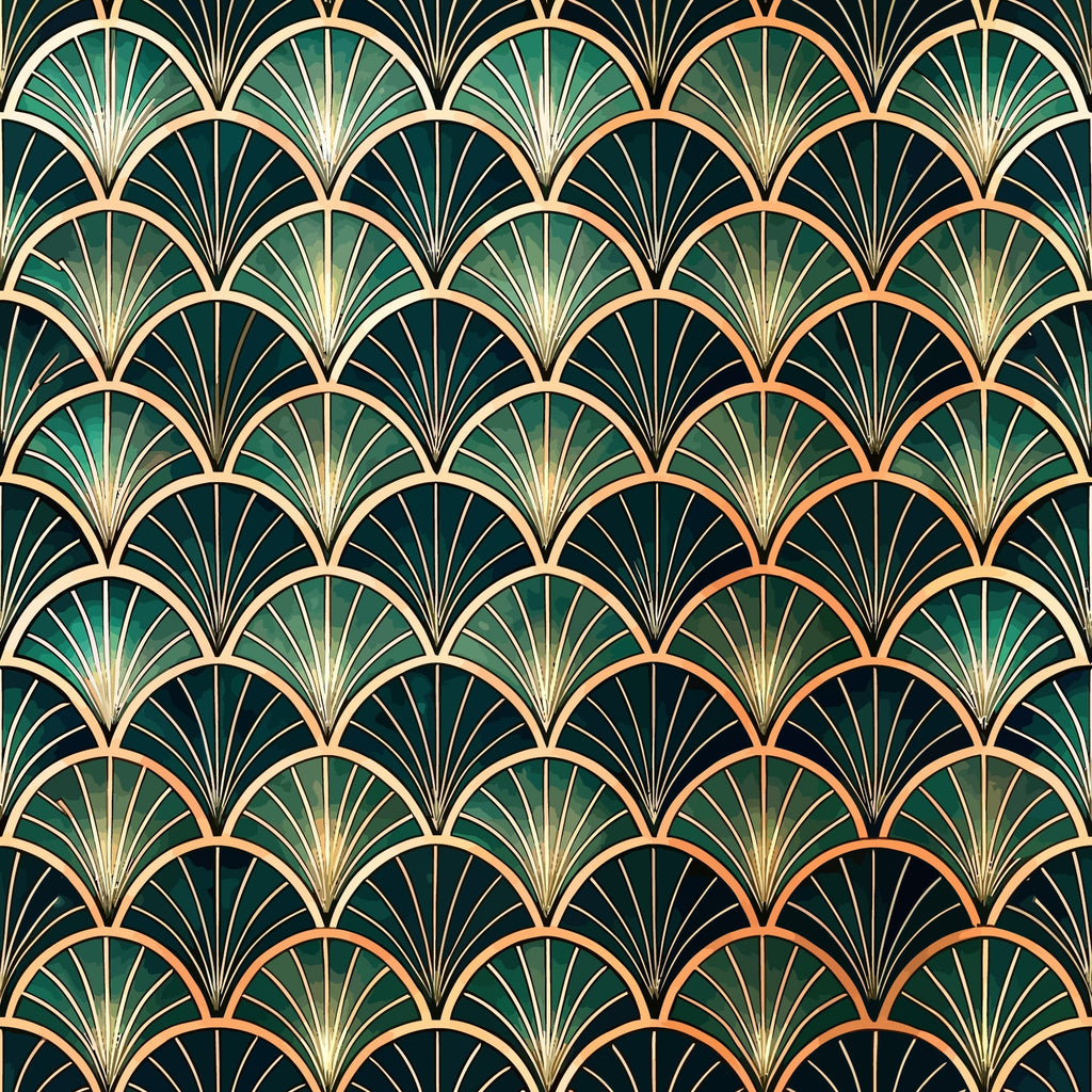 art deco, fan pattern, geometric design, emerald green, forest green, gold accents, copper highlights, radiating lines, scalloped motifs, vintage style, luxury pattern,, fabric panel, repeating motif, glamorous, sophisticated, 1920s inspired, ornate design, metallic details, overlapping scales