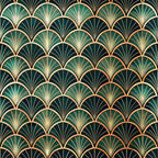 art deco, fan pattern, geometric design, emerald green, forest green, gold accents, copper highlights, radiating lines, scalloped motifs, vintage style, luxury pattern,, fabric panel, repeating motif, glamorous, sophisticated, 1920s inspired, ornate design, metallic details, overlapping scales