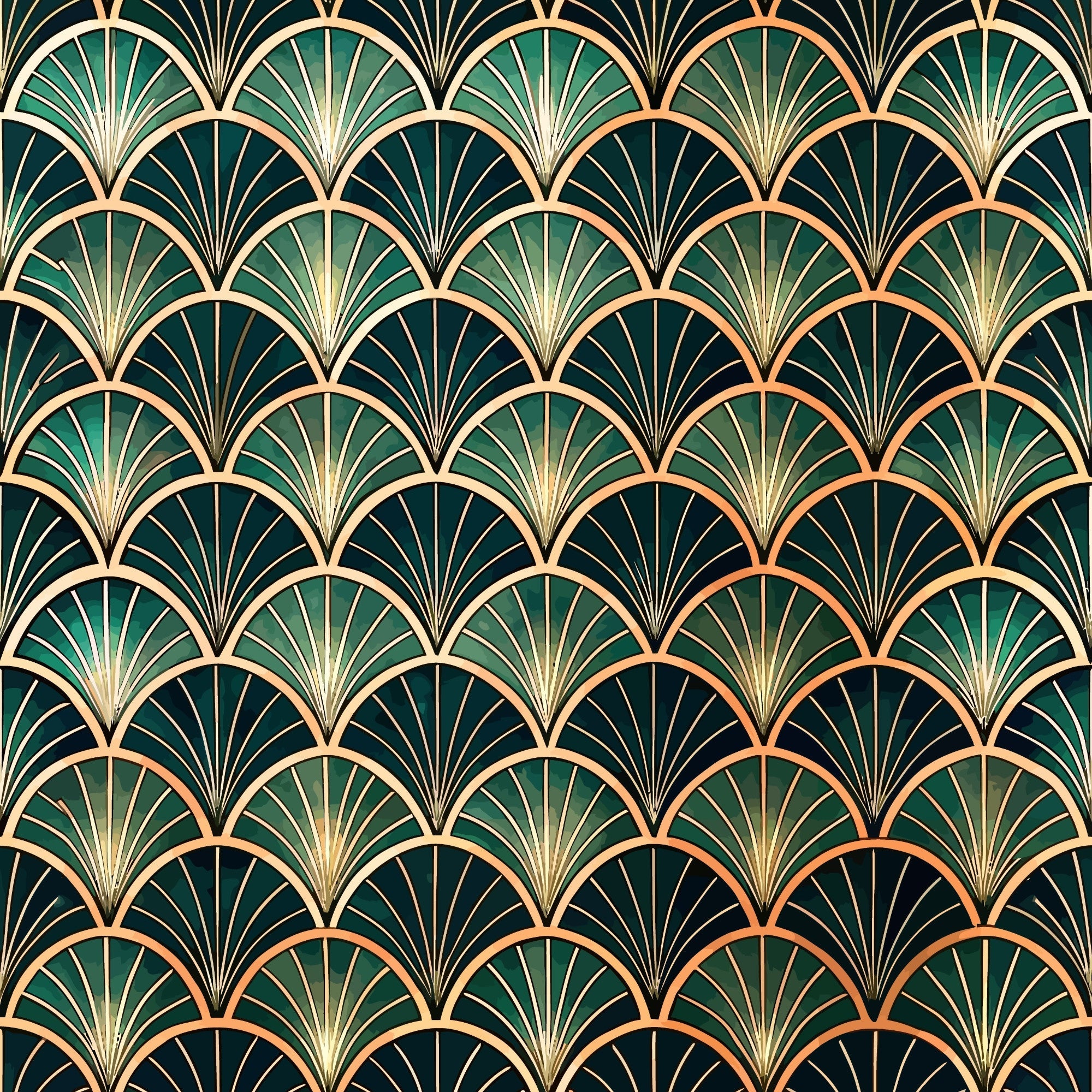 art deco, fan pattern, geometric design, emerald green, forest green, gold accents, copper highlights, radiating lines, scalloped motifs, vintage style, luxury pattern,, fabric panel, repeating motif, glamorous, sophisticated, 1920s inspired, ornate design, metallic details, overlapping scales