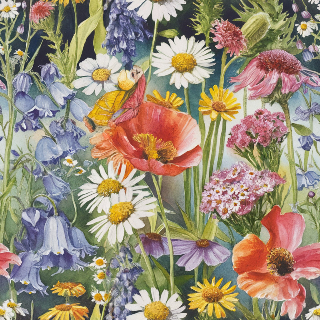 wildflower fantasy,, fabric panel, botanical illustration, watercolor style, coral poppies, white daisies, purple lupines, pink coneflowers, yellow wildflowers, blue campanula, meadow flowers, nature motif, floral pattern, spring blooms, garden flowers, realistic florals, cottage core, whimsical design, vibrant colors